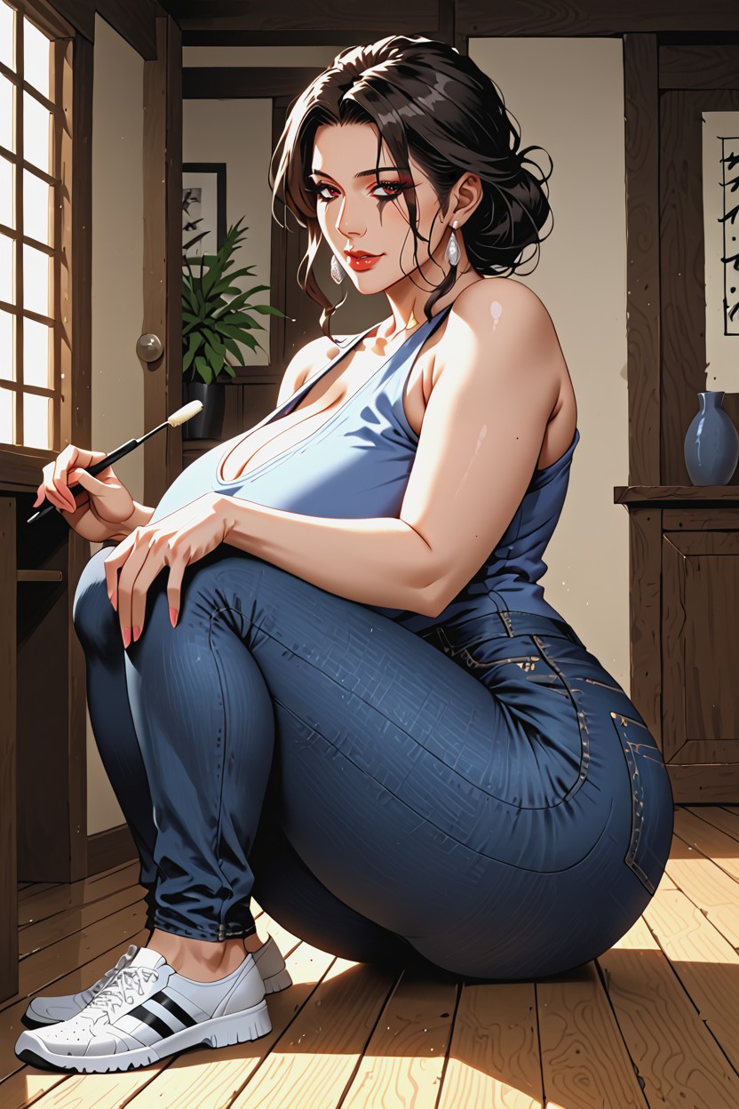 Sitting On The Floor, Rounded Ass, Knee-high Stockings MILF AI Porn