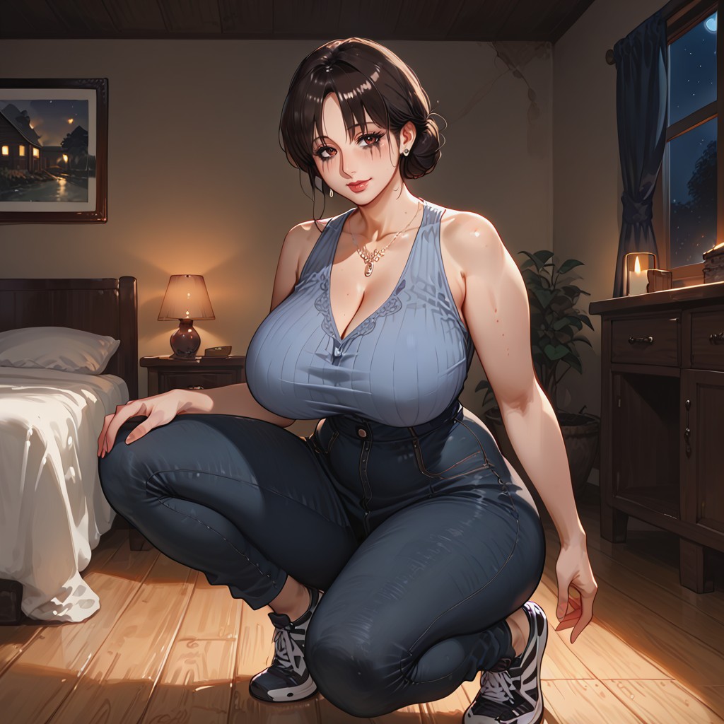 Elder Woman, Poor Light, Rounded Breasts MILF AI Porn