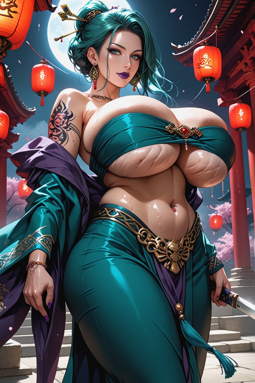 Long Purple And Teal Hair, Elegant And Dangerous Style, Thick Thighs MILF AI Porn
