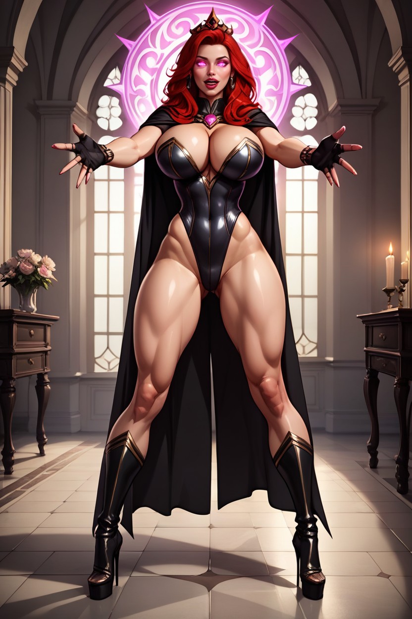 Long-length Permed Red Hair, Very Lusty Evil Expression, Legs Wide Apart MILF AI Porn
