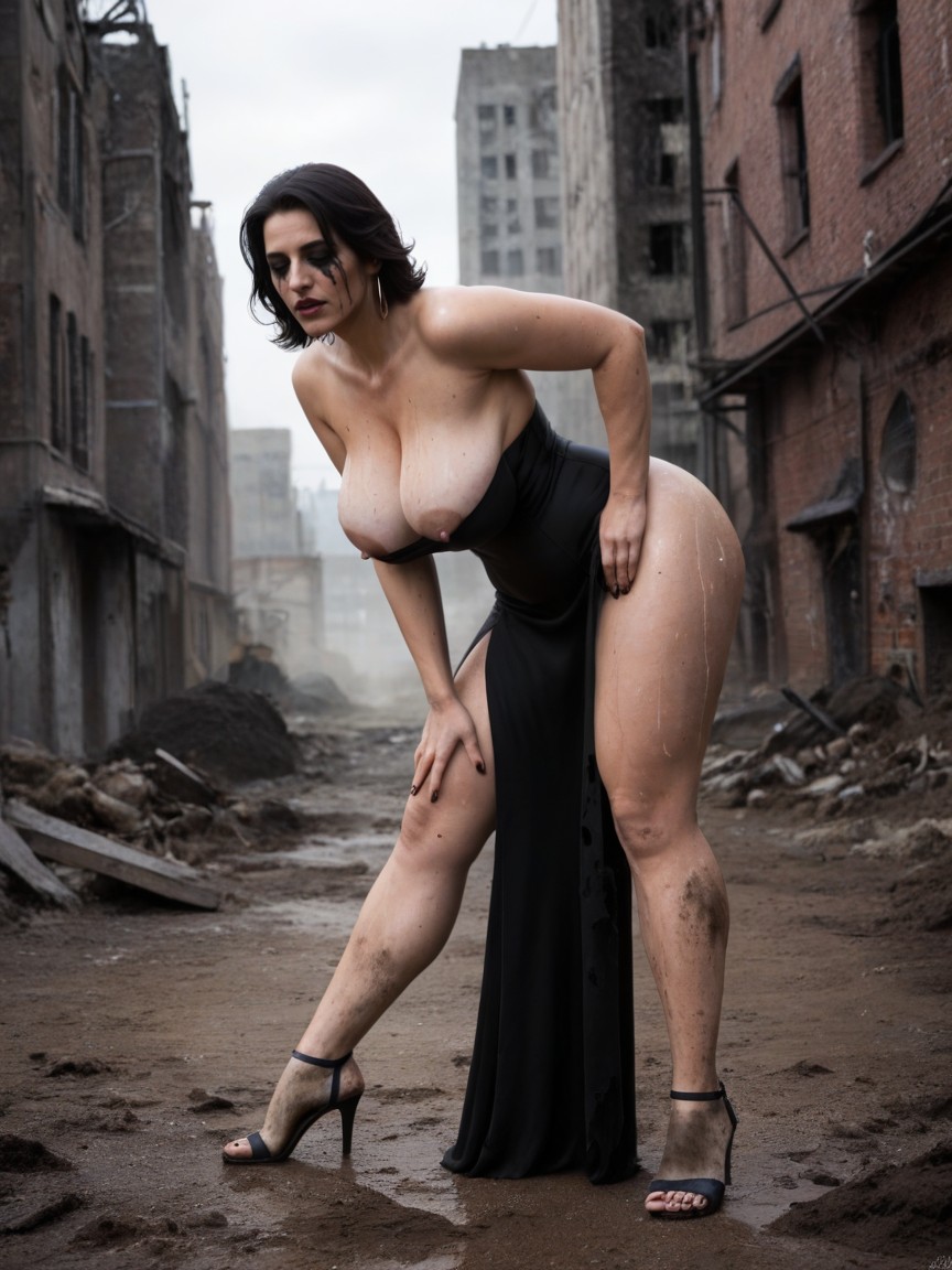 Shaved Head, Horror Atmosphere A Lot Dark Dirt Ower All Body, Pubic Hair Landing Strip MILF AI Porn