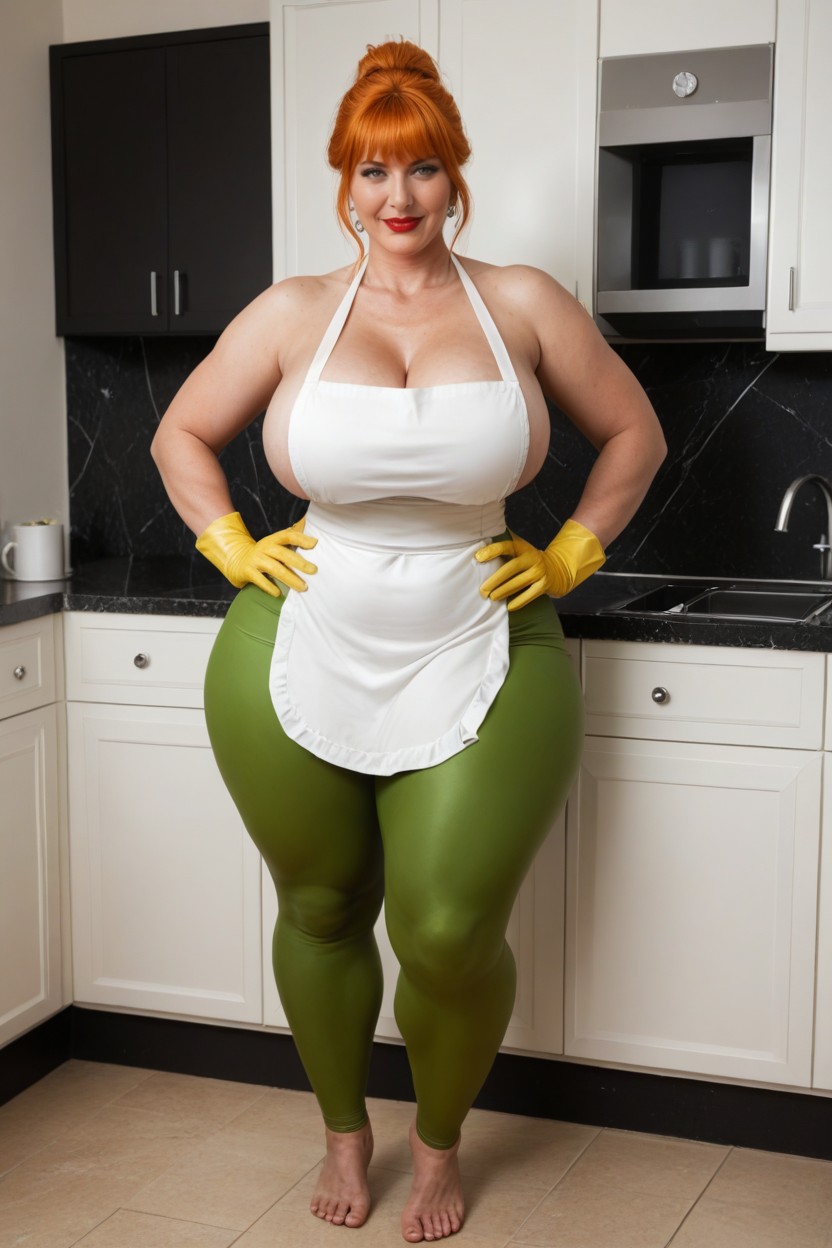 Barefoot, Standing Legs Together, Yellow Nylon Gloves MILF AI Porn