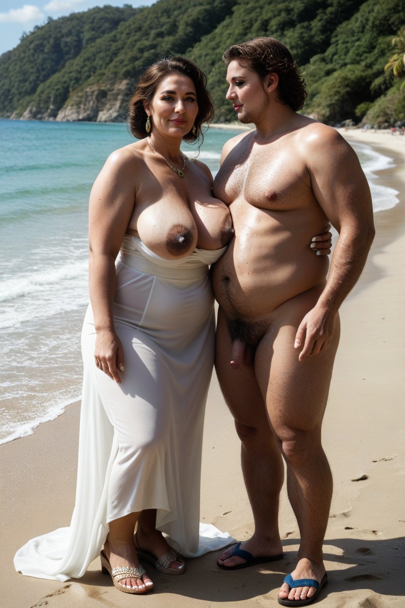 Man Is Normal Typical Western, Man Is Hugging Her From The Back, Pale White Skin MILF AI Porn
