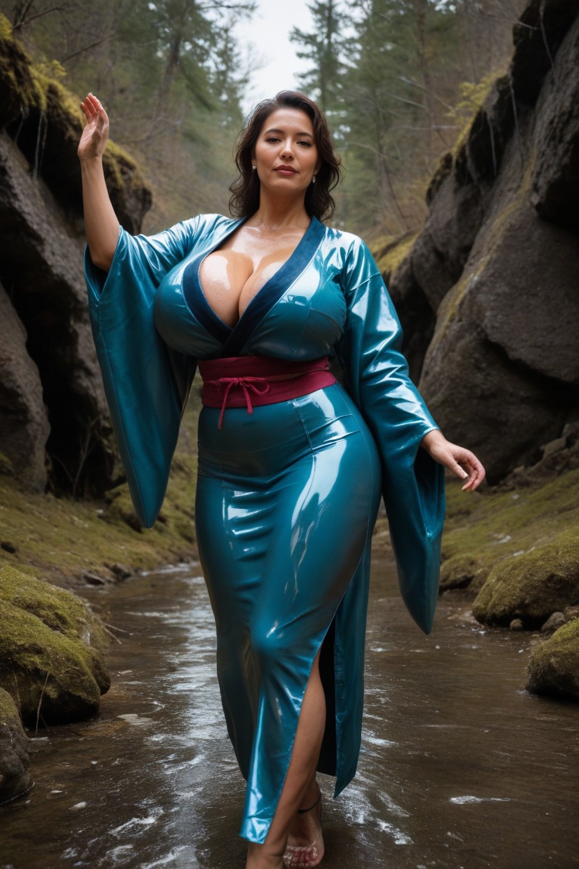 Messy Hair, Collaosal Butt, Old Long Kimono Blue MILF AI Porn