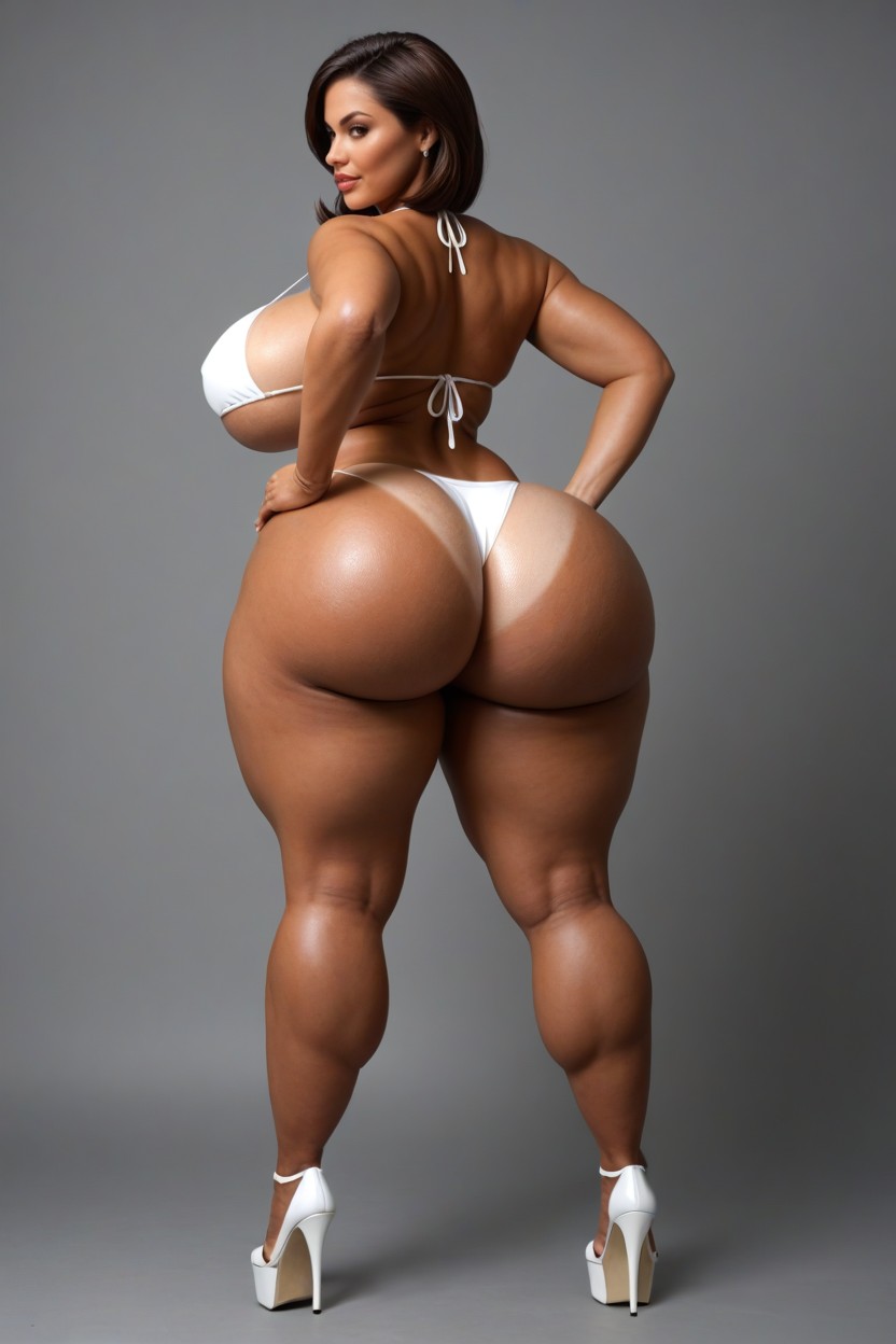 Hyper Bubble Butt, Extremely Waist, White Bikini Top MILF AI Porn