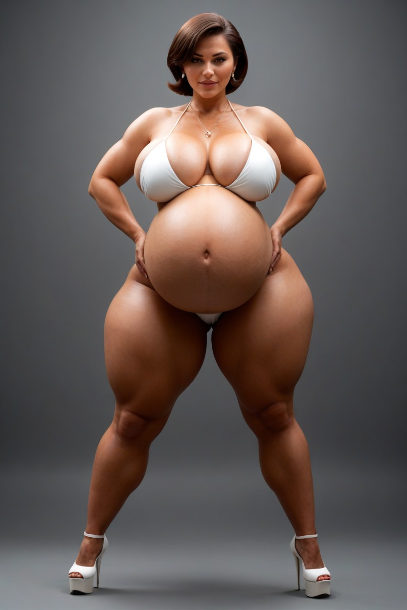 Very Big Belly, Giant Fake Butt, Tight White Bikini MILF AI Porn