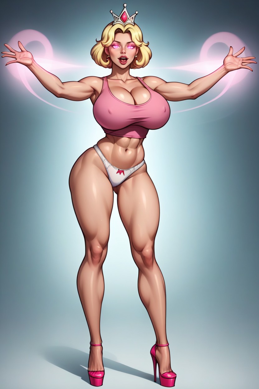 Pink Tank Top, Standing Fully Straight With Legs Spread Apart, Fully Detailed Glowing Dark Pink Eyes MILF AI Porn