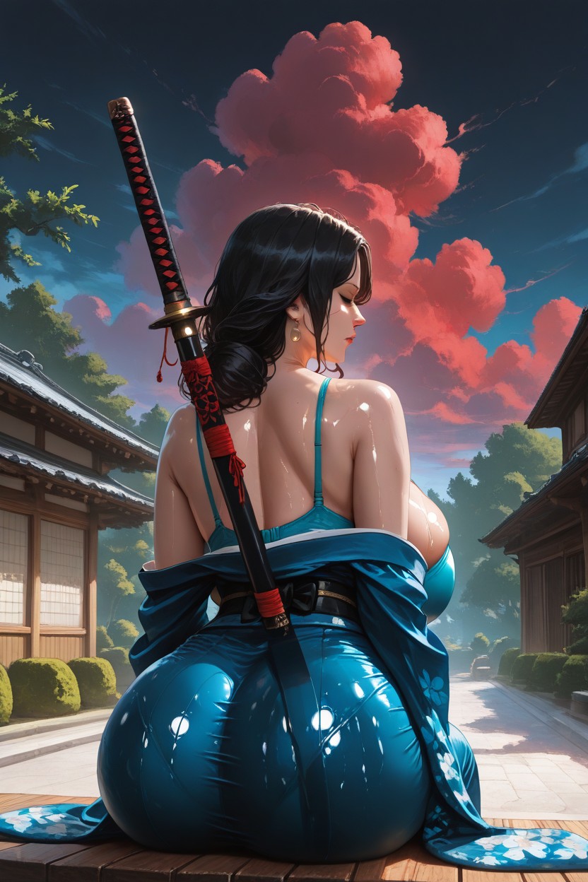 Red Clouds, Katana Sword, Old Long Kimono Blue MILF AI Porn