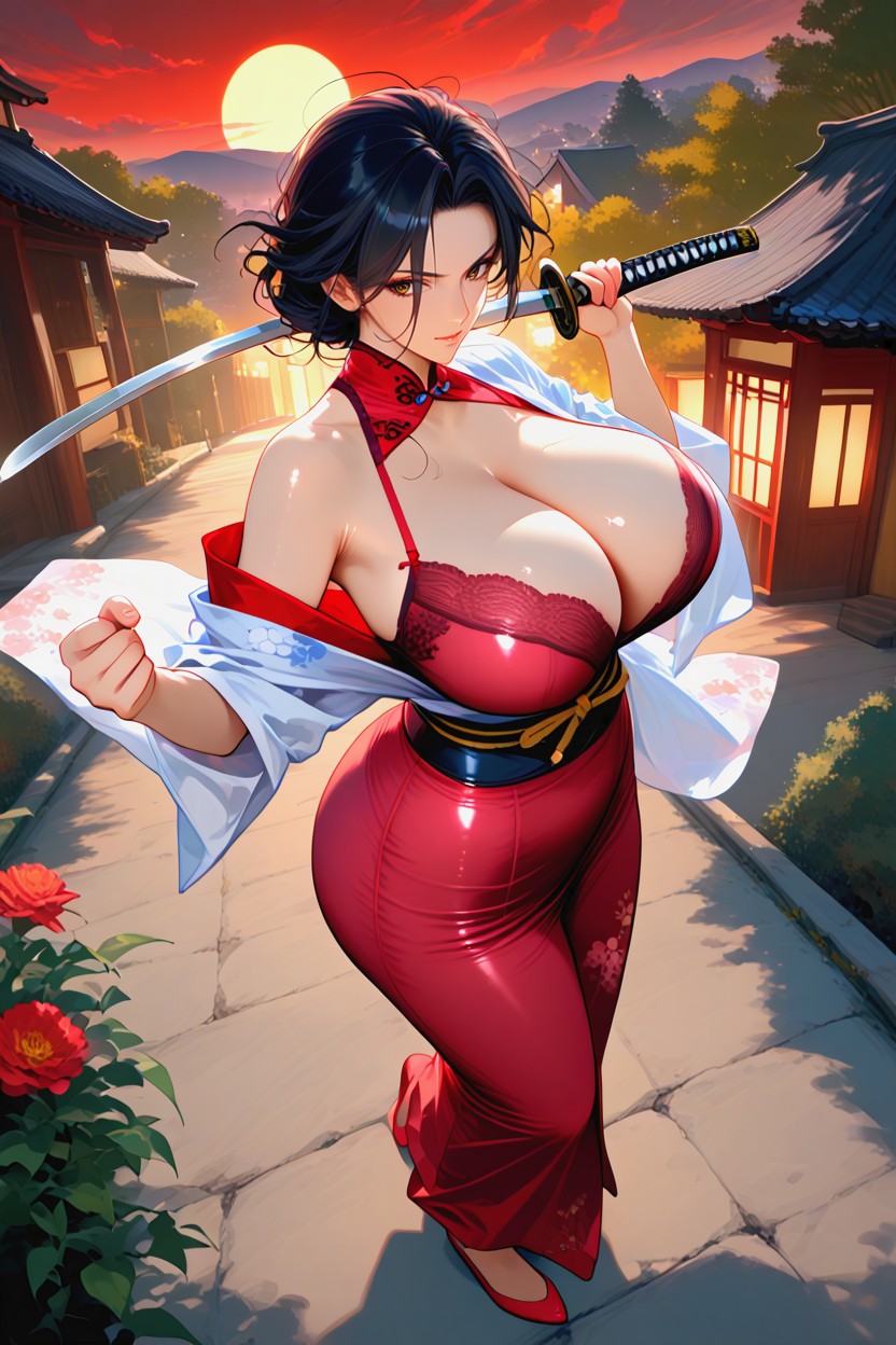 Old Clothes, Katana Pose, Lingerie Underwear MILF AI Porn