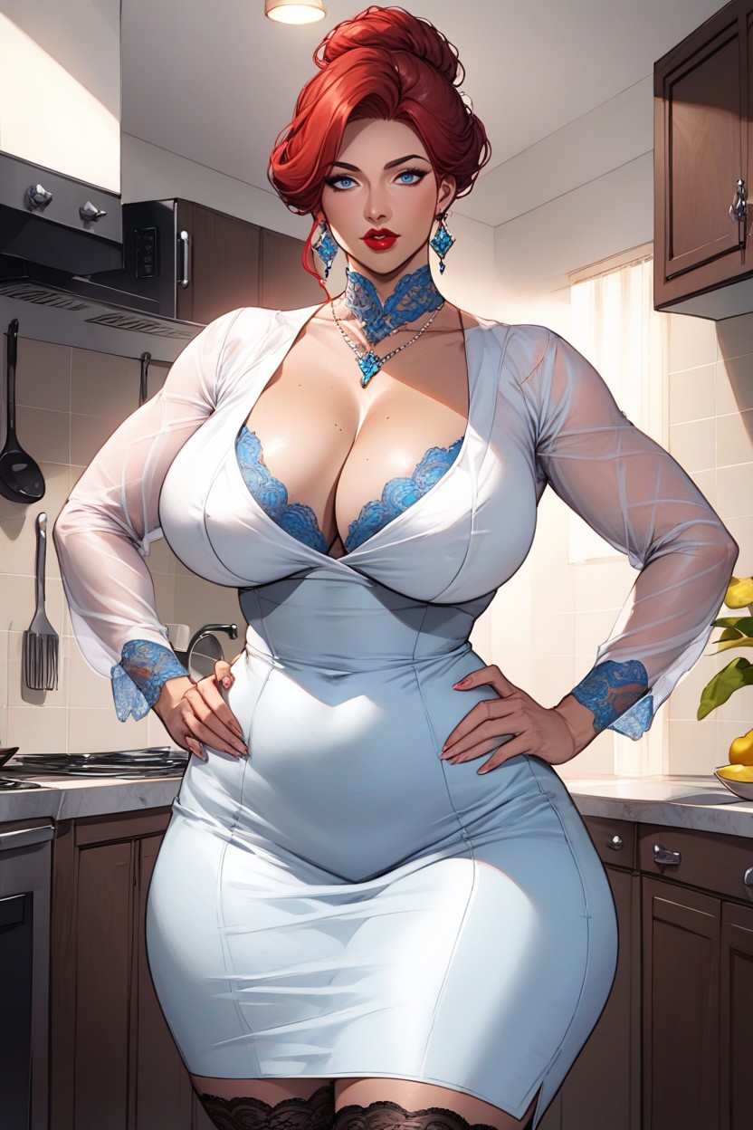 Low Hair Bun, Very Curvy Milf, Blue Medium Skirt MILF AI Porn