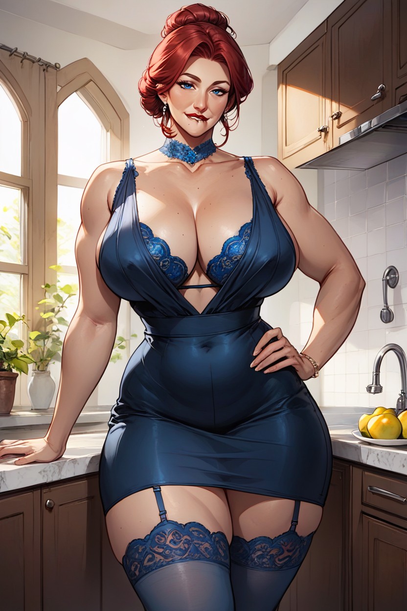 Low Hair Bun, Dutch, Blue Lace Stockings MILF AI Porn