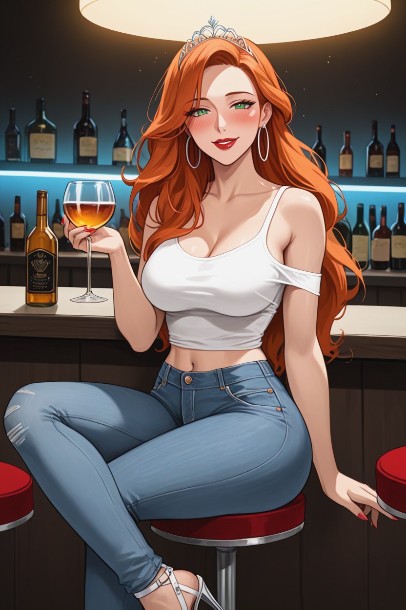 Looking At Viewer, Drunk, Perfect Dark Red Lips MILF AI Porn
