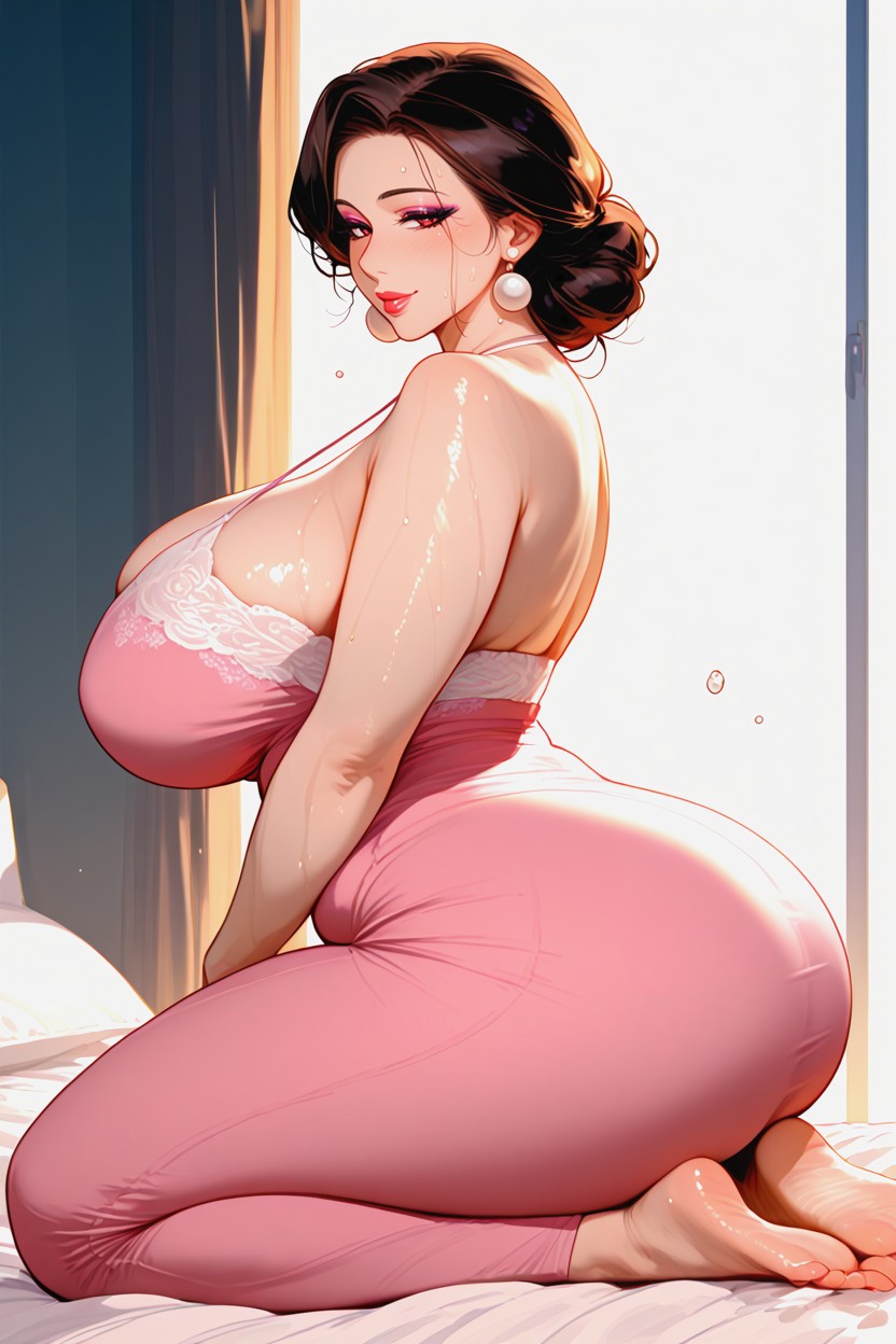 Erotic And Voluptuous S Big Woman In Bright Bedroom, Side View, Heavy Smoky Eyeshadow MILF AI Porn