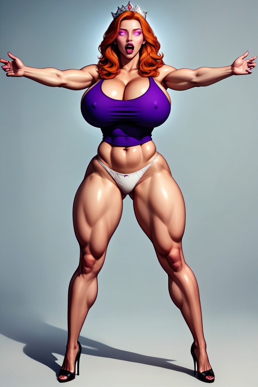 Purple Tank Top, Legs Apart, Fully Detailed Bright Glowing Pink Eyes MILF AI Porn