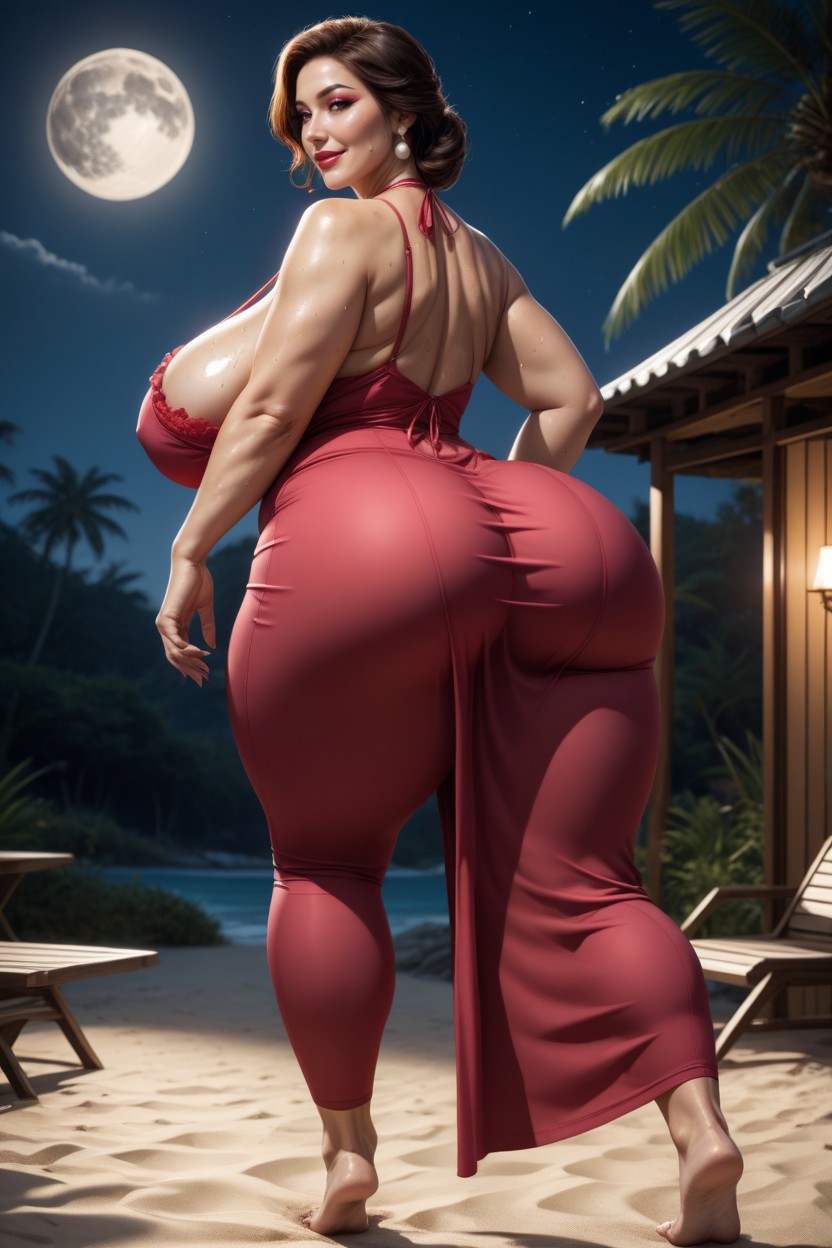 Pink Blouse, Sweaty Glistening Skin With Beads Of Sweat Dripping, Back View MILF AI Porn
