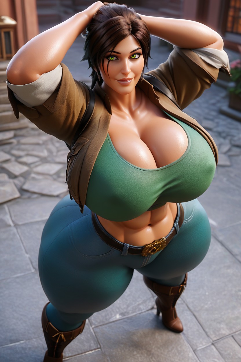 Arms Up, Tan Skin, Simple Grey Background MILF AI Porn
