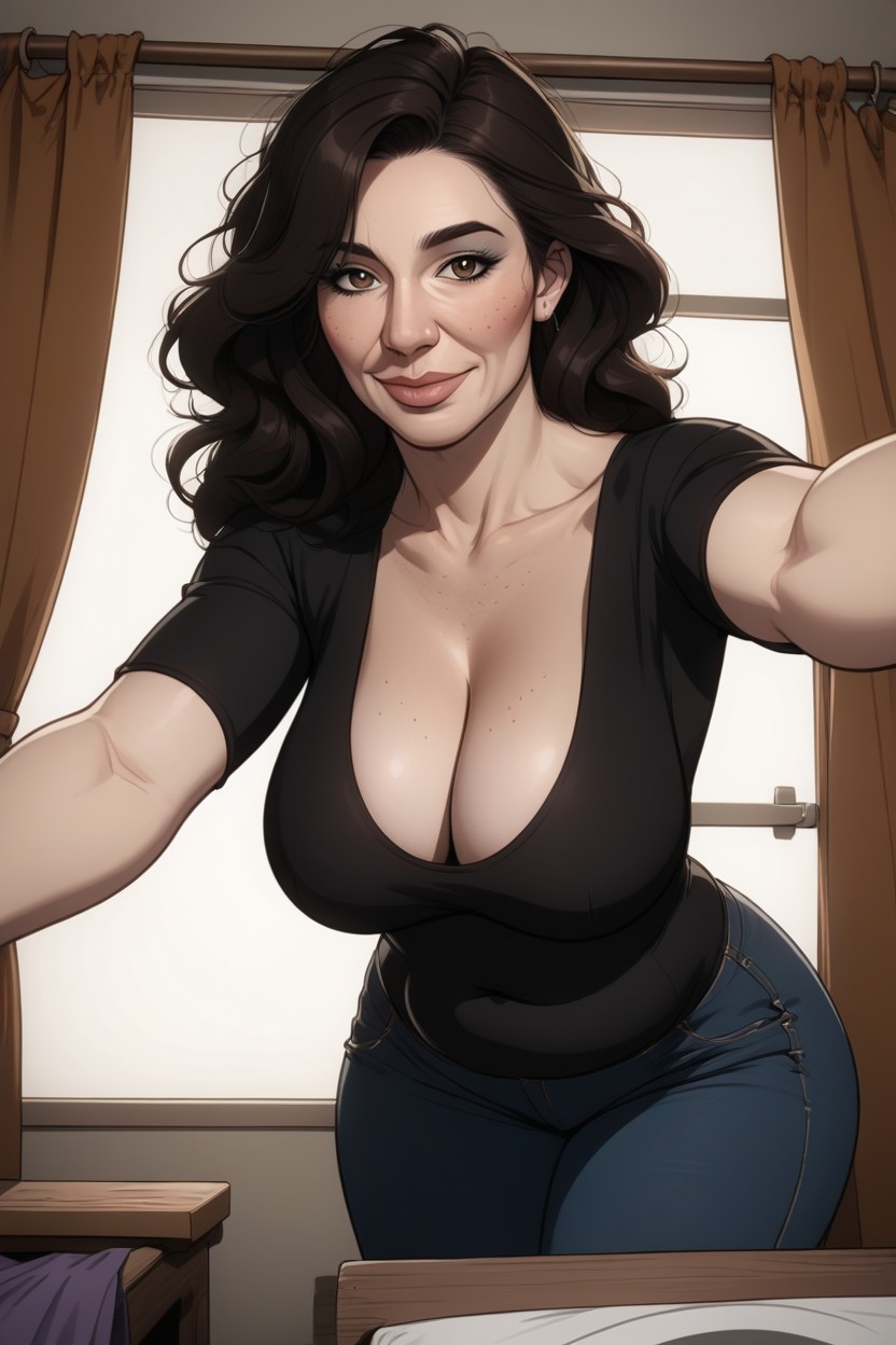 Love Handles, Side-swept Bangs, Black Shirt MILF AI Porn