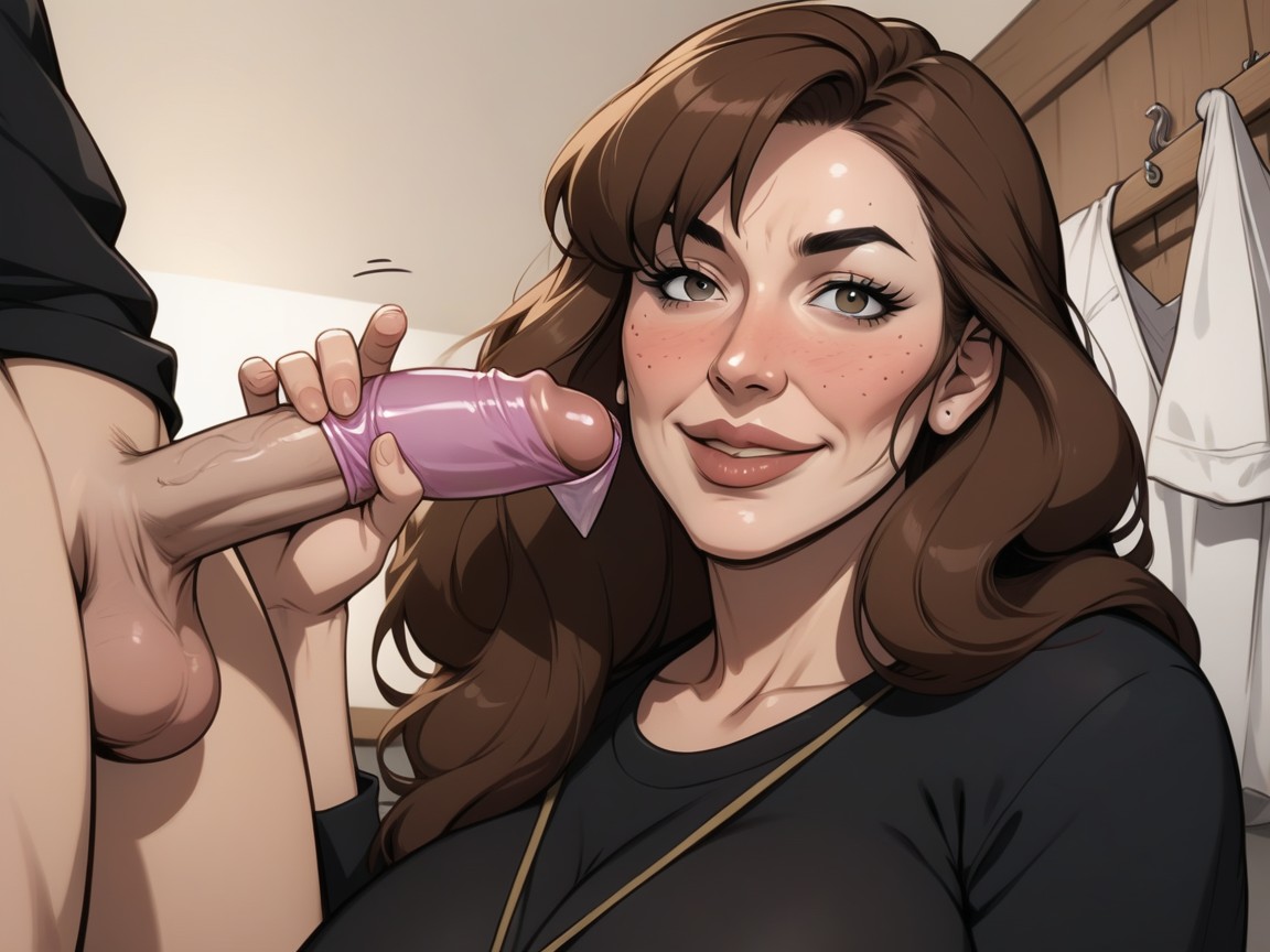 Full-face Blush, Long Hair, Applying Condom MILF AI Porn