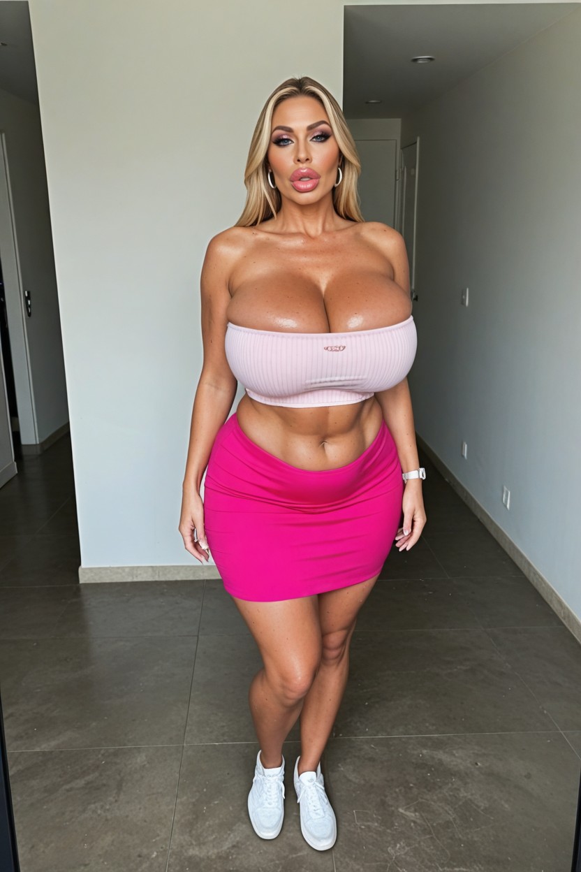 Insanely Big Lips, White Strapless Top, Thick MILF AI Porn