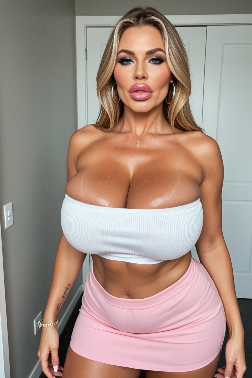 Very Sweaty, Pink Lettering On The Top, Mini Skirt MILF AI Porn