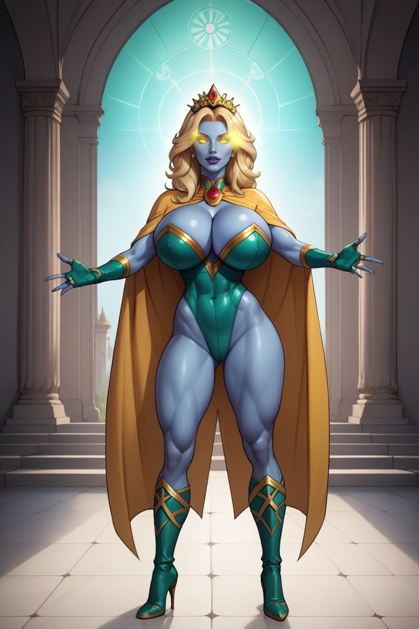 Fully Detailed Glowing Dark Yellow Eyes, Tight Abs, Full Body Shot MILF AI Porn