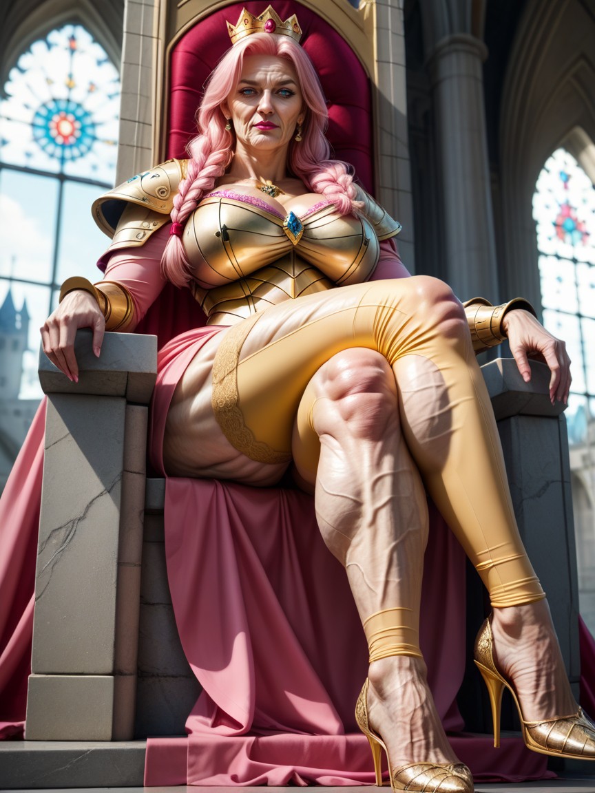 Long Pink Hair, Golden Armor High Heels, Show Full Body MILF AI Porn