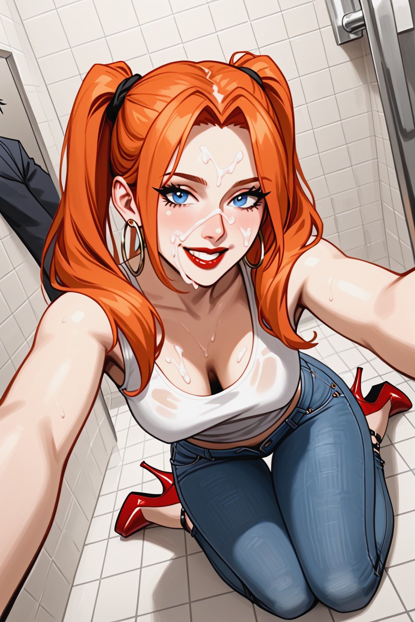 White Tile Floor, Happy, Hairstyle Is Twin Tails On Top Of Head MILF AI Porn