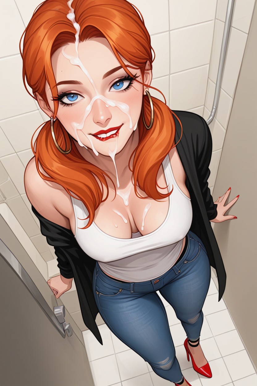 Face Covered In Cum, Smiling, Bathroom Stall MILF AI Porn
