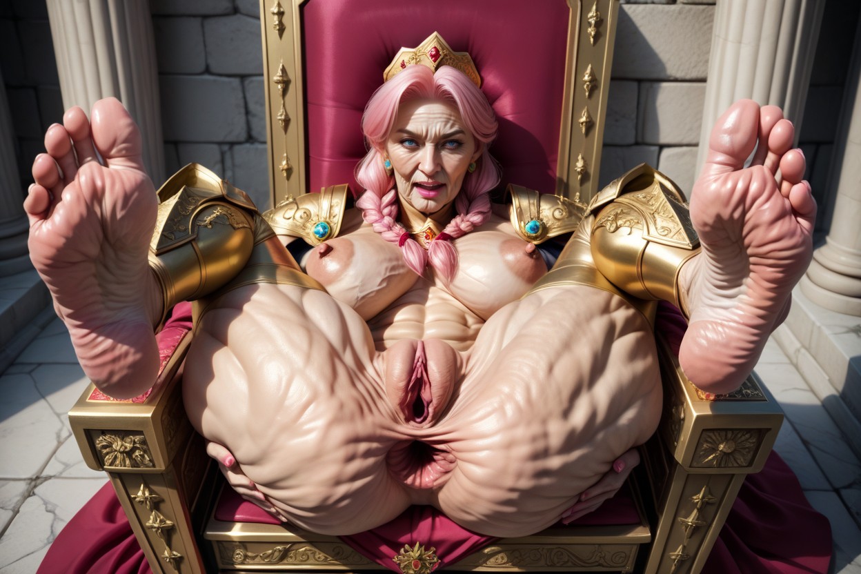 Extreme Wrinkled Face Skin, Golden Leg Armor, Sitting Down MILF AI Porn