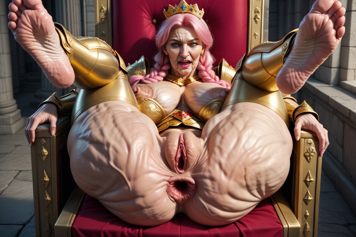 Pink Glossy Lipstick, Golden Armor Stockings, Throne MILF AI Porn