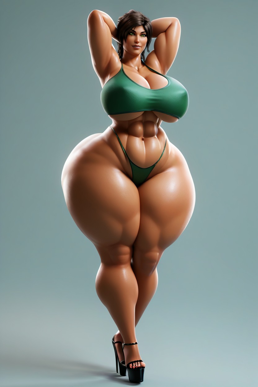 Front View, Green Crop Top Tank Top, Extremely Curvy MILF AI Porn
