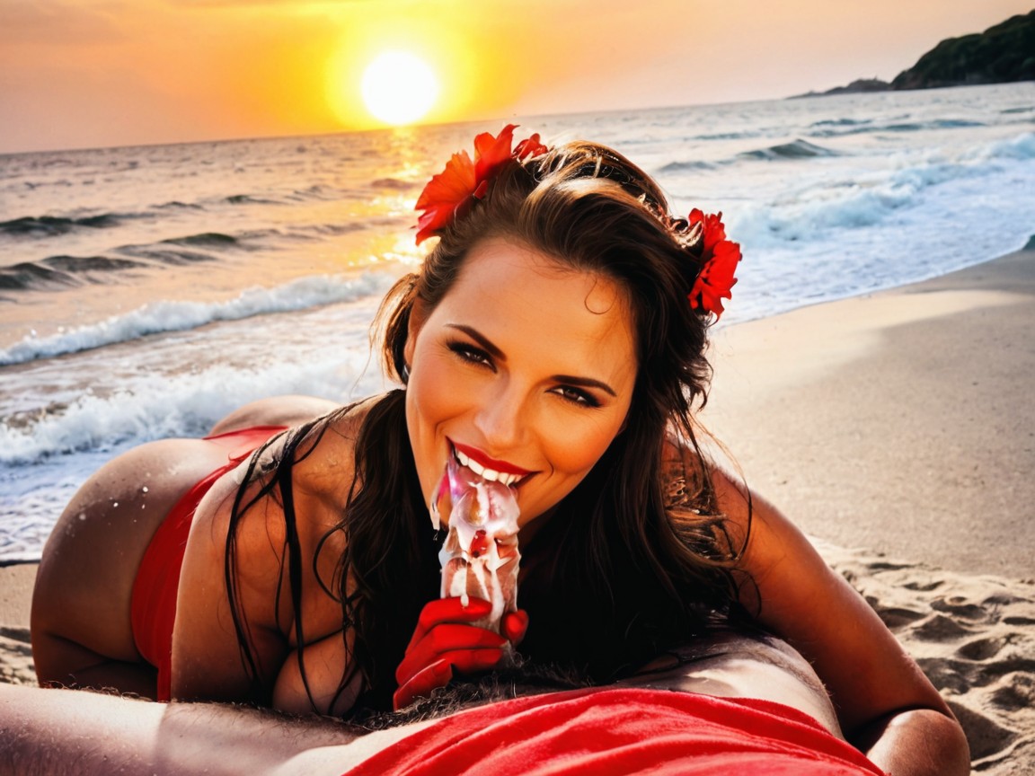 Amazing Quality, Sexy Eyes, Sandy Beach At Sunset MILF AI Porn