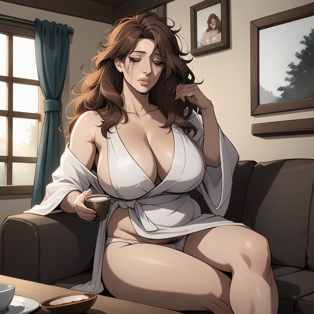 Gray Couch, Bushy Pubic Hairmilf Sitting, Round Head MILF AI Porn