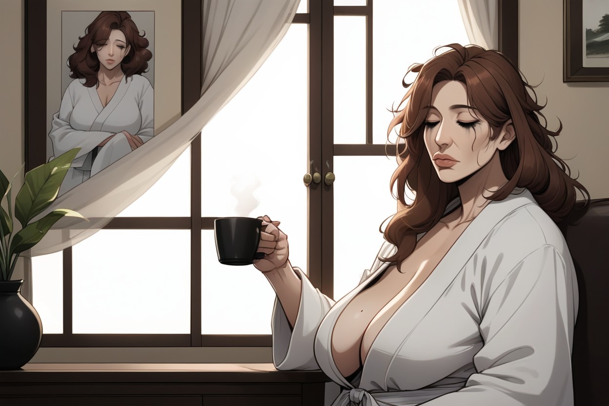 Morning, Sagging Breasts, Toffee Brown Hair MILF AI Porn