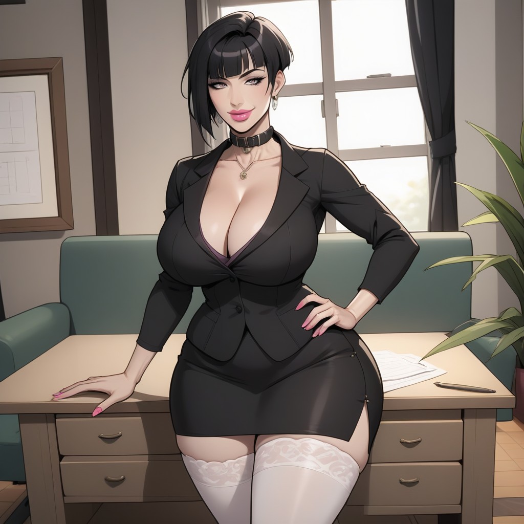 Pink Platform Shoes, Black Strap Collar, Pale Skin MILF AI Porn