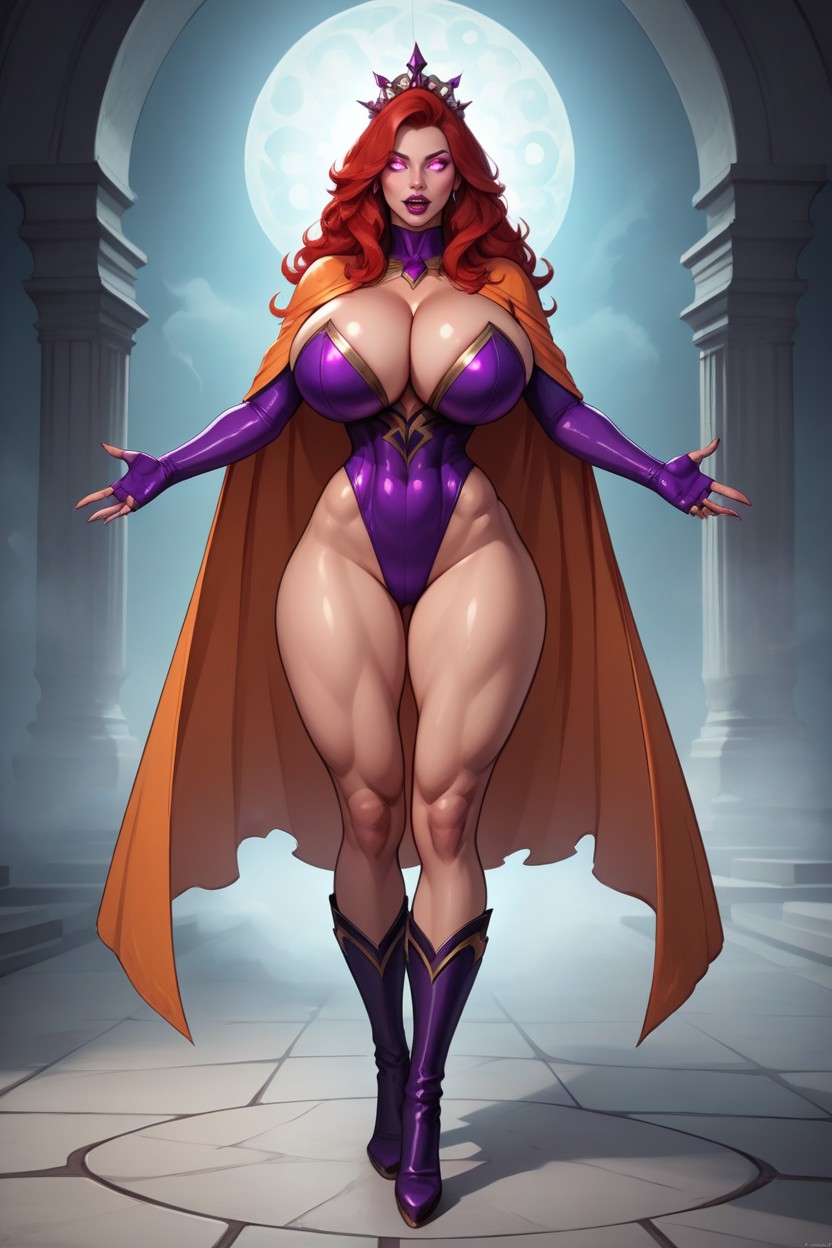 Purple Leotard, Fully Detailed Long-length Permed Red Hair, Standing Fully Straight With Legs Spread Apart MILF AI Porn