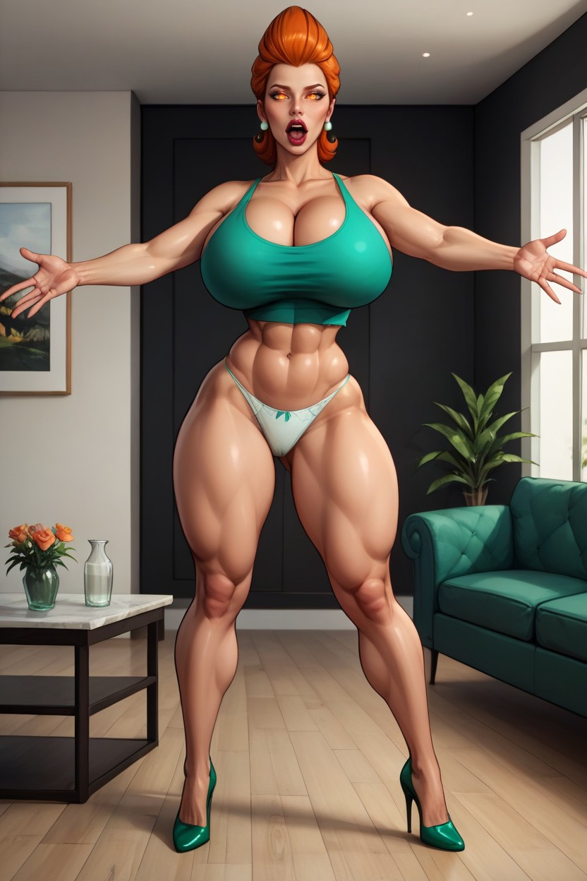Full Body Shot, Facing Viewer Straight With Legs Apart, Perfect Round Gigantic Cup Bimbo Breasts MILF AI Porn