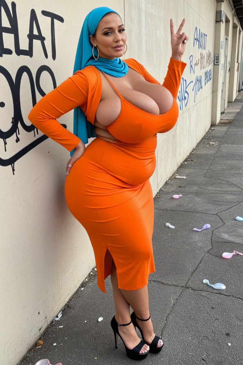 Standing, Concrete Restrooms, Blue Hijab MILF AI Porn