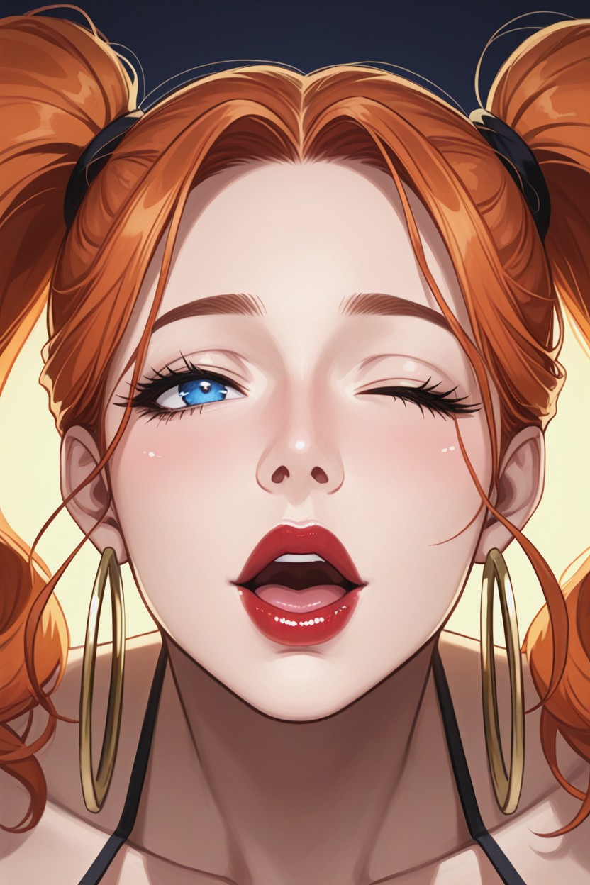 Left Eye Partially Closed, Right Eye Rollling, Perfect Ultra Detailed Face MILF AI Porn