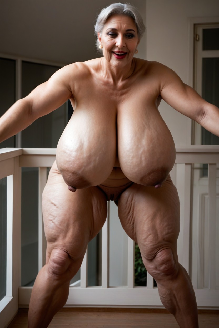 Ash Hair, Balcony, Huge Puffy Nipples MILF AI Porn
