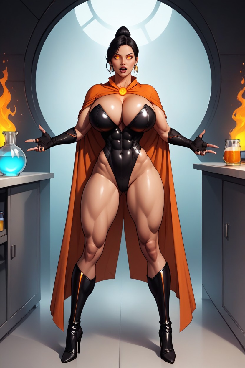 Very Lusty Evil Expression, Standing Fully Straight With Legs Spread Apart, Black High Heel Boots MILF AI Porn