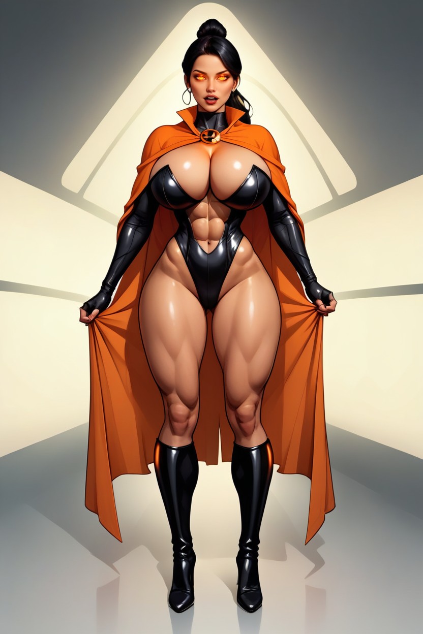 +, Full Body Front View, Bright Orange Cape MILF AI Porn