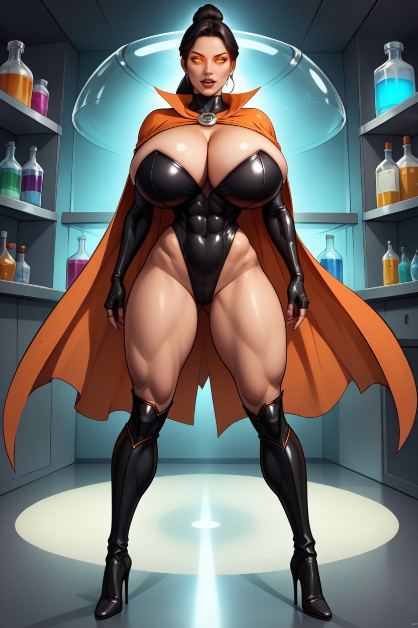 Cleavage, Dark Leotard, Bright Orange Cape MILF AI Porn