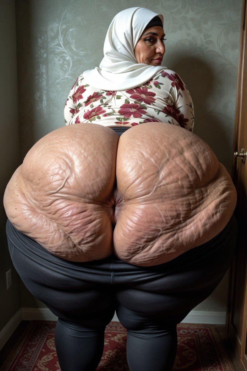 Legs Together, Floral Pattern Hijab, Large Nose MILF AI Porn