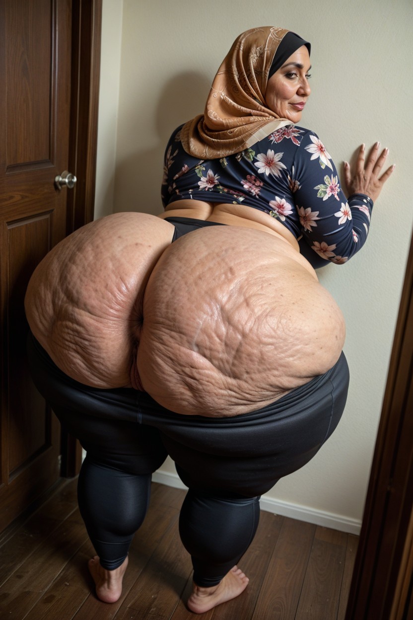 Floral Pattern Hijab, The Top Of Ass Crack Is Barely Shown, Thick Hips MILF AI Porn