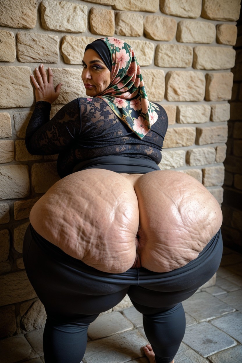 Legs Together, Deeply Gaped Pink Butthole, Printed Tight Long Sleeve Top MILF AI Porn