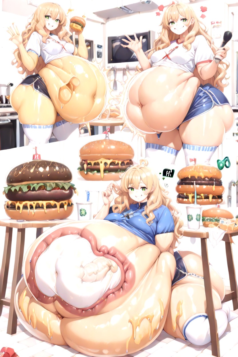 Slime Jelly Hair, 주방, Huge Hamburger Bigger Than Belly MILF AI 야짤