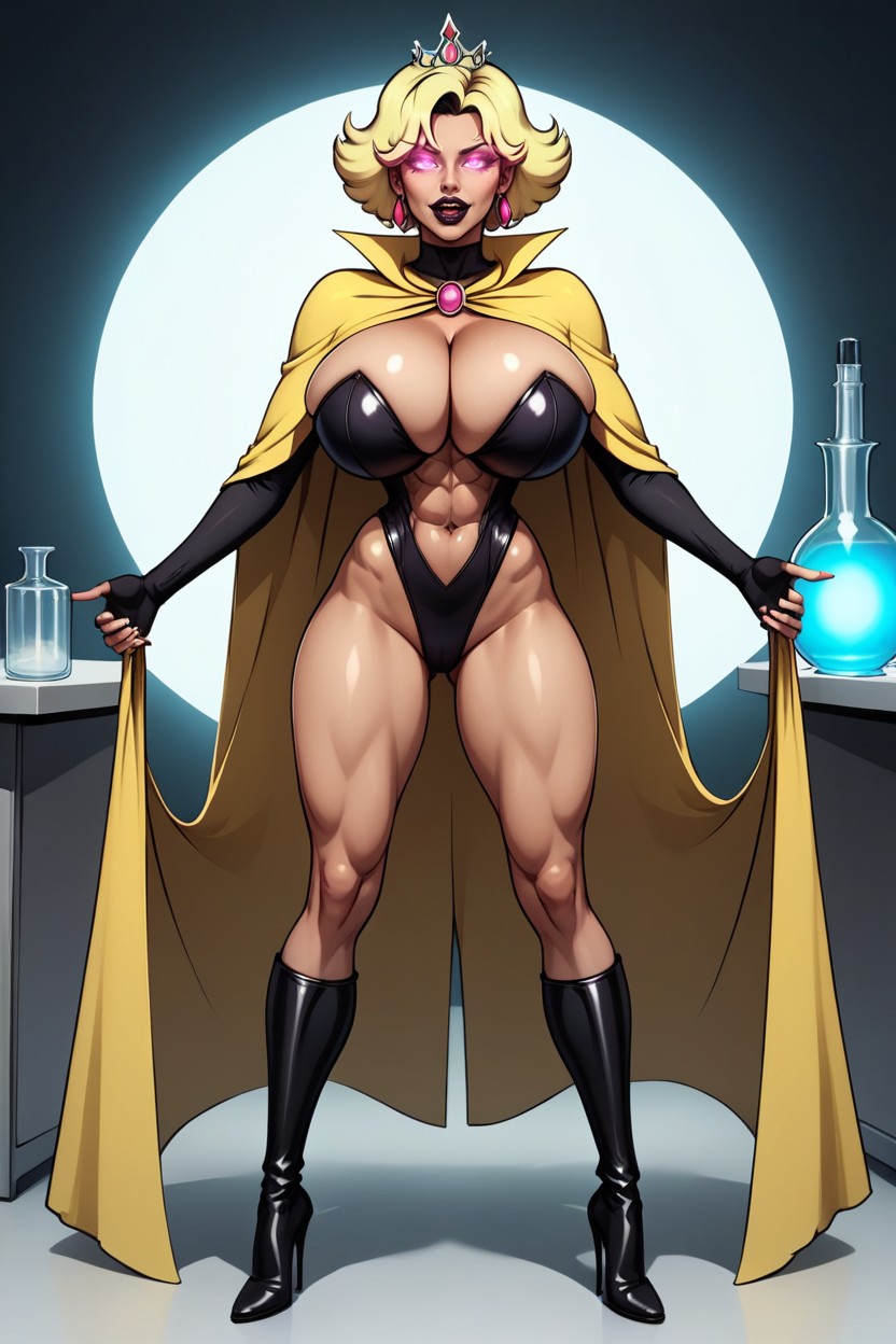 Fully Detailed Glowing Dark Pink Eyes, Standing In Villain's Lab, Fingerless Black Gloves MILF AI Porn