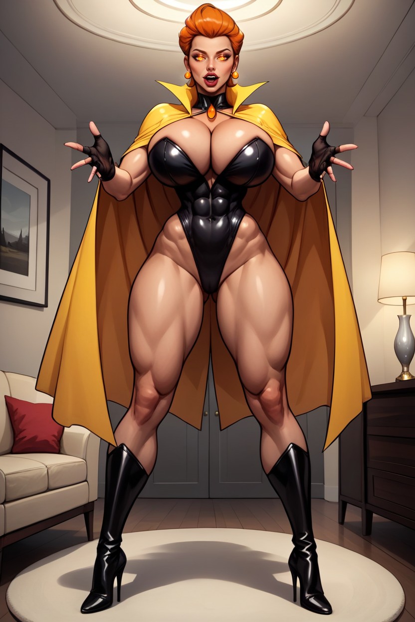Yellow Cape, Fully Detailed Glowing Dark Orange Eyes, Front View MILF AI Porn
