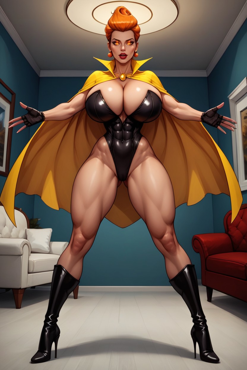 Fully Detailed Glowing Dark Orange Eyes, Arms Spread, Very Lusty Evil Expression MILF AI Porn